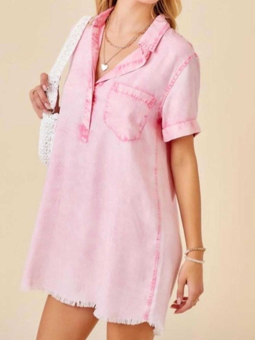 Day + Moon collar Casual Pink Washed Shirt Dress